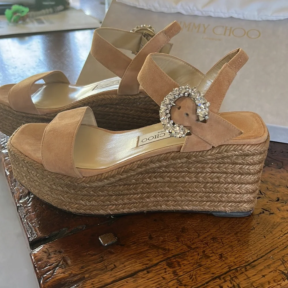 Jimmy Choo Beige Suede Espadrille Wedge Sandals with Crystal Buckle